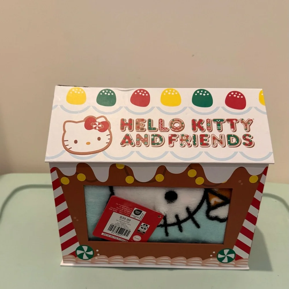 Festive Hello Kitty Plush Throw in Gingerbread House- NIB